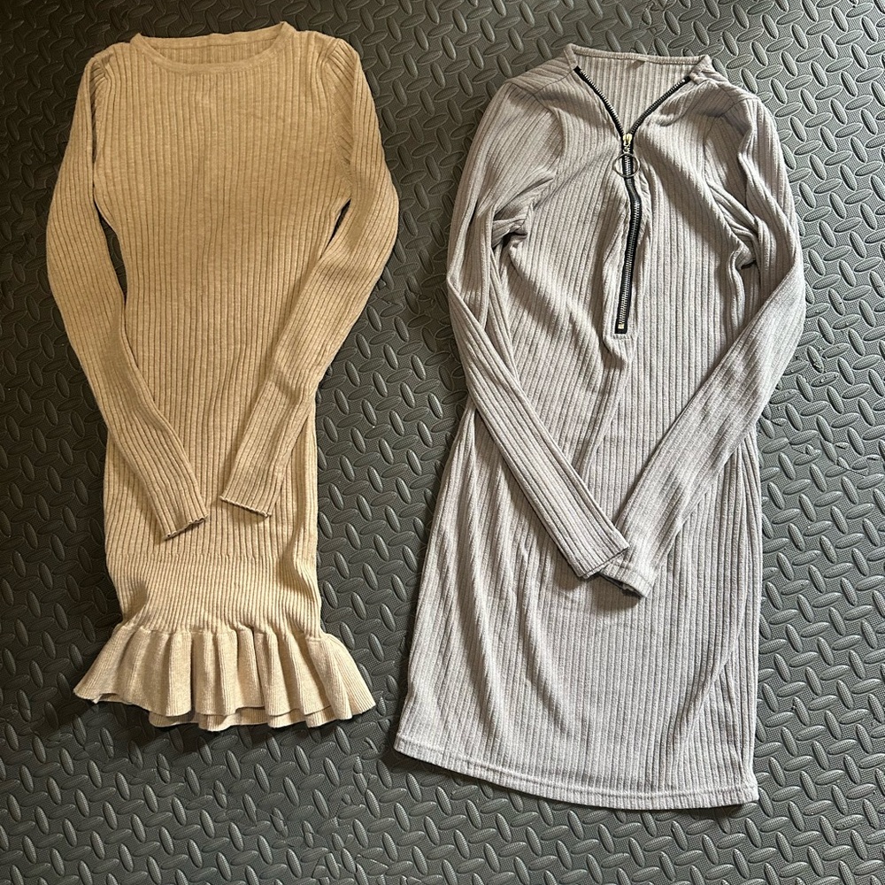 Elegant Beige and Gray Ribbed Dresses